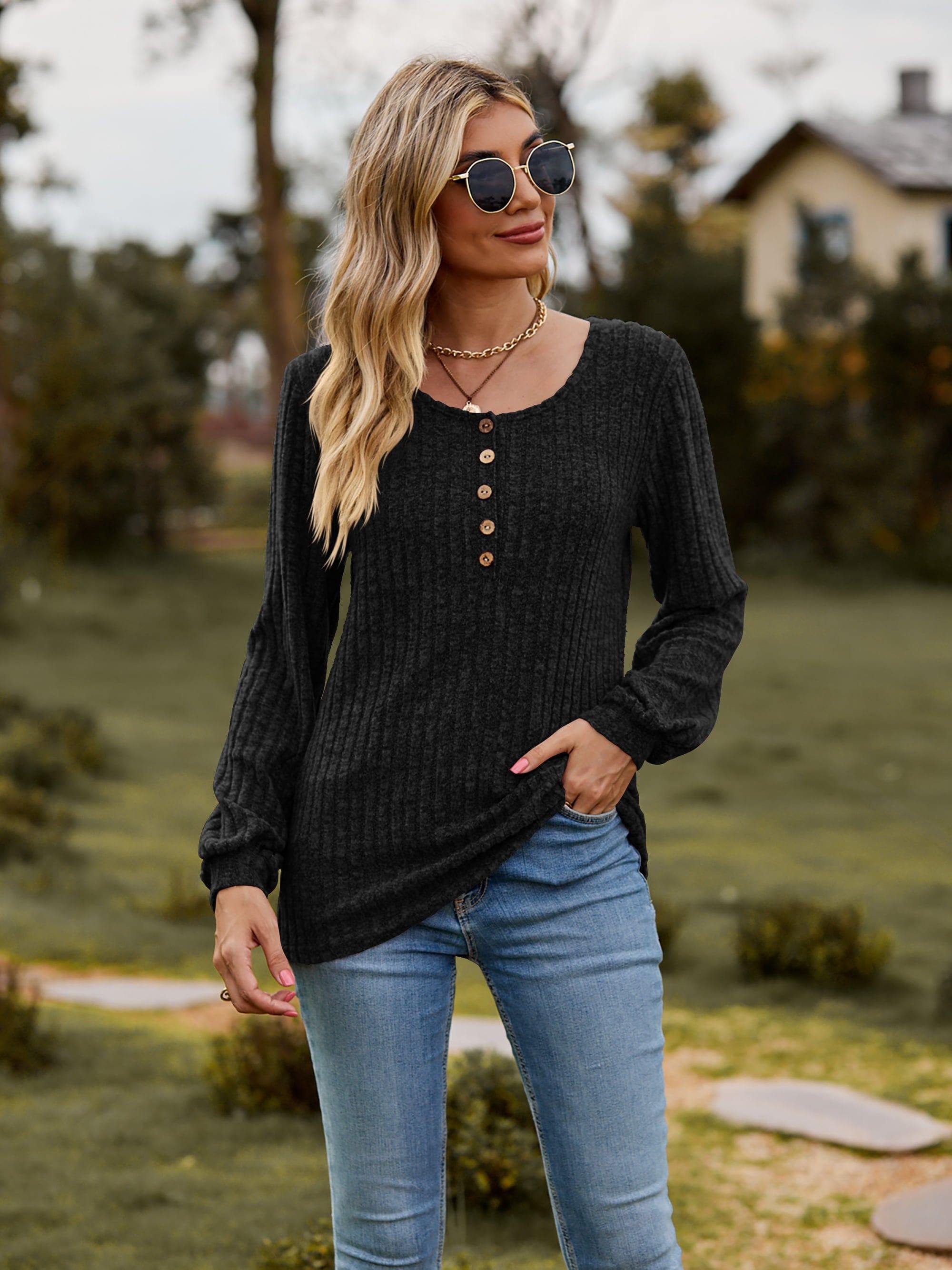 Round Neck Button-Down Long Sleeve Tee - Trendsi