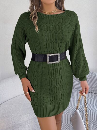 Cable-Knit Round Neck Sweater Dress - Flyclothing LLC