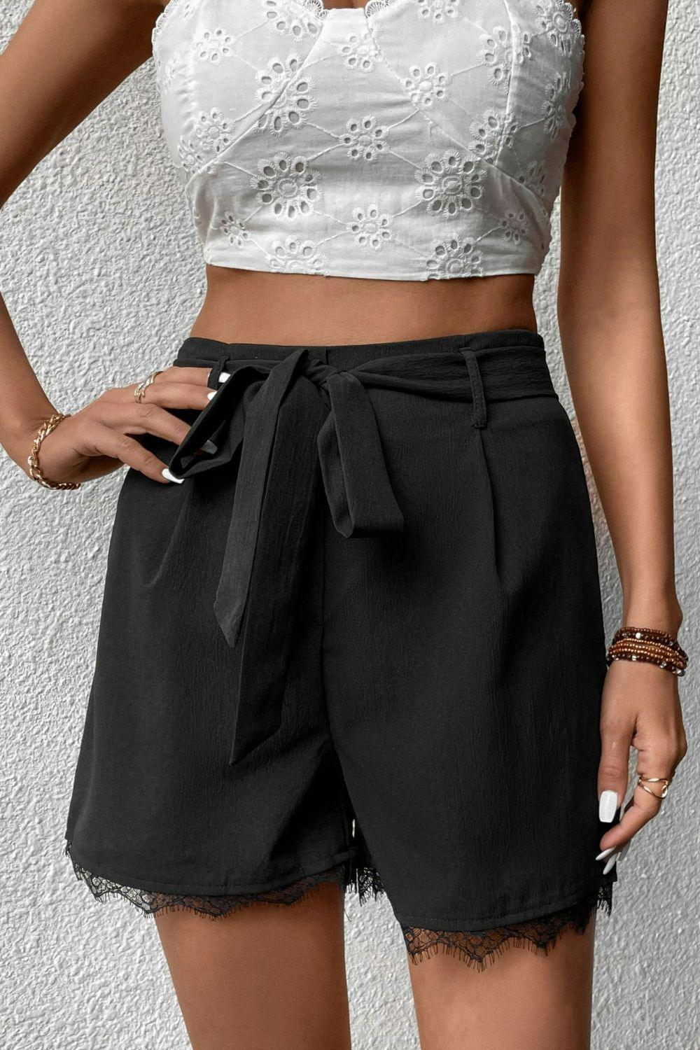 Tie Belt Lace Trim Shorts - Flyclothing LLC