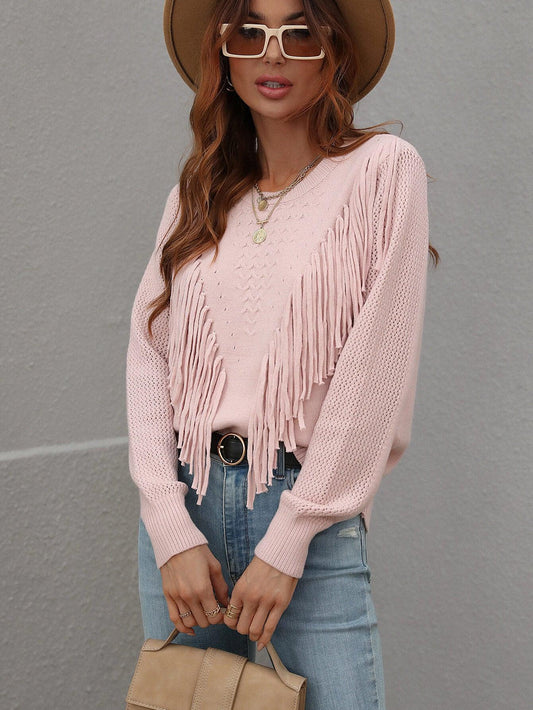 Fringe Detail Ribbed Trim Sweater - Flyclothing LLC