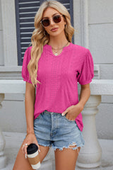 Eyelet Notched Puff Sleeve Blouse - Flyclothing LLC