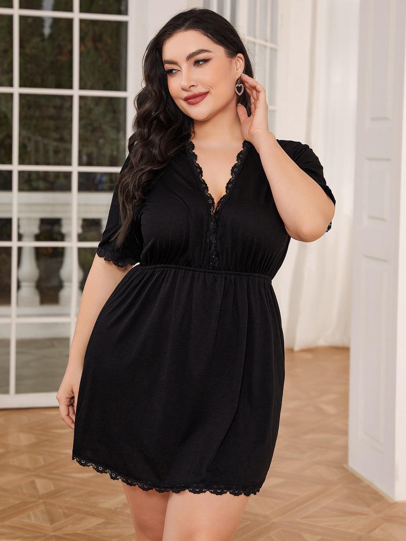 Plus Size Lace Trim Deep V Night Dress - Trendsi