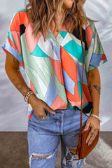 Printed V-Neck Short Sleeve Blouse - Flyclothing LLC