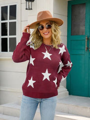 Star Round Neck Dropped Shoulder Sweater - Flyclothing LLC