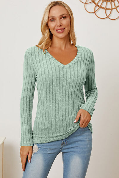 Basic Bae Full Size Ribbed V-Neck Long Sleeve T-Shirt - Flyclothing LLC