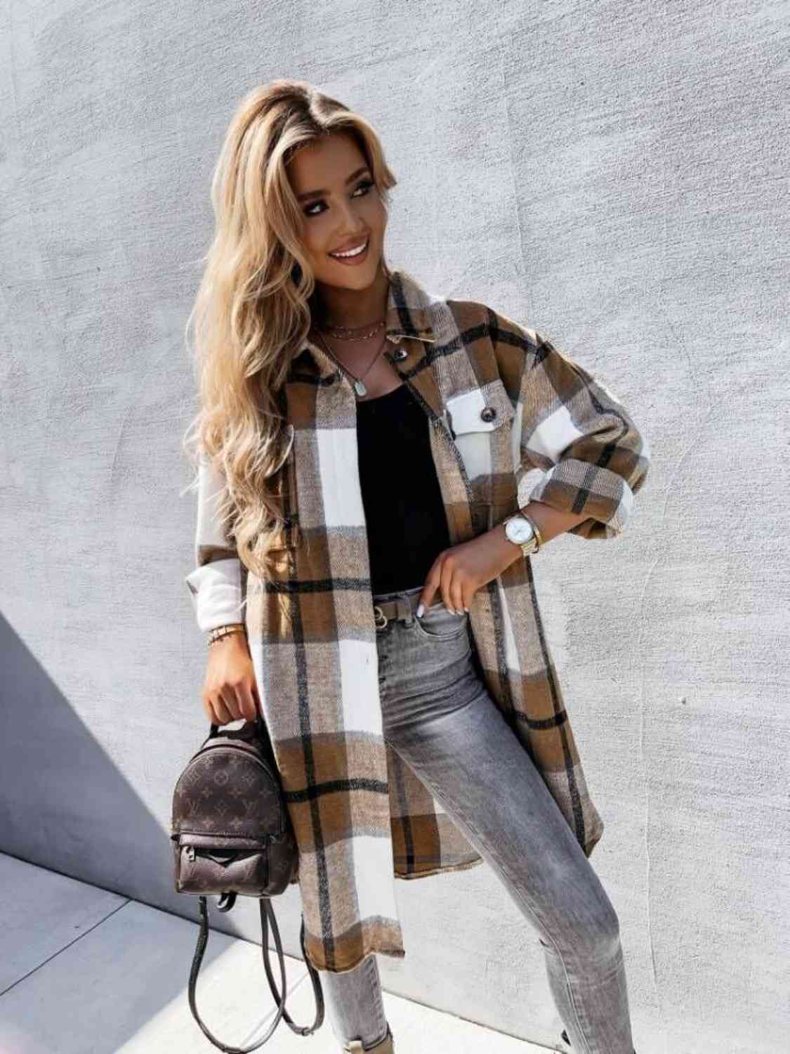 Plaid Collared Neck Longline Shirt - Flyclothing LLC