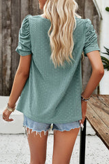 Eyelet Square Neck Puff Sleeve T-Shirt - Flyclothing LLC