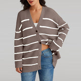 Striped V-Neck Long Sleeve Cardigan - Flyclothing LLC