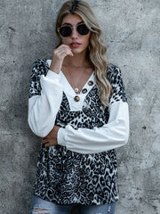 Leopard Decorative Button V-Neck Top - Flyclothing LLC