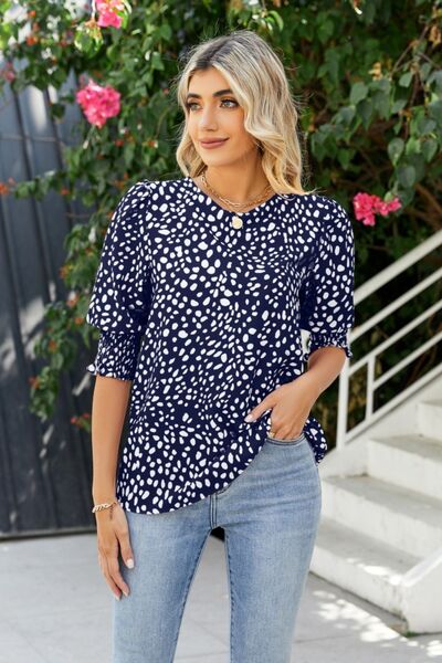 Polka Dot Round Neck Lantern Sleeve Blouse - Flyclothing LLC