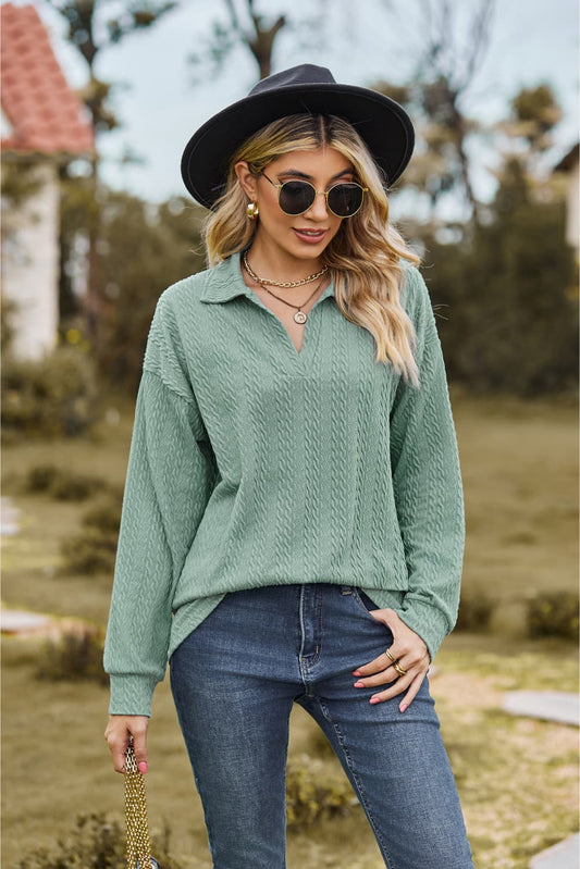 Collared Neck Cable-Knit Long Sleeve Blouse - Flyclothing LLC