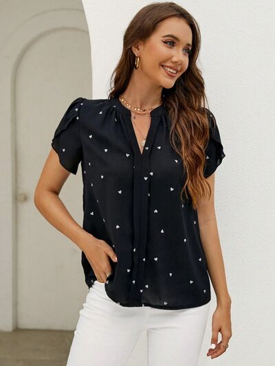 Heart Print Notched Petal Sleeve Blouse - Flyclothing LLC