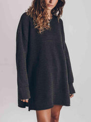 Openwork Round Neck Long Sleeve Slit Sweater - Flyclothing LLC