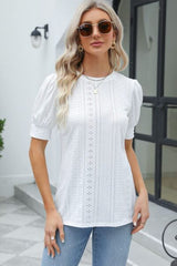 Openwork Round Neck Short Sleeve Blouse - Flyclothing LLC