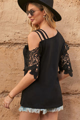 Spliced Lace Asymmetrical Neck Blouse - Flyclothing LLC