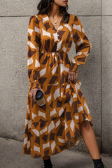 Printed Tied Pocketed Lantern Sleeve Dress - Flyclothing LLC