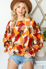 Printed Flounce Sleeve Buttoned Blouse - Flyclothing LLC