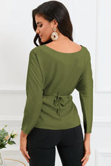 Boat Neck Back Tie Long Sleeve Satin Blouse - Flyclothing LLC