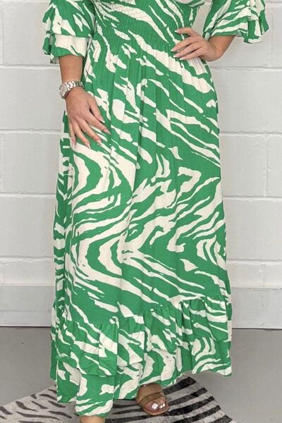 Smocked Printed Flounce Sleeve Maxi Dress - Flyclothing LLC