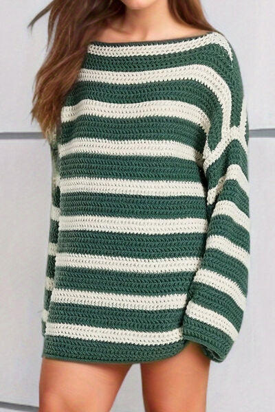 Striped Round Neck Dropped Shoulder Sweater - Flyclothing LLC