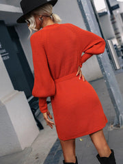 Belted Surplice Lantern Sleeve Wrap Sweater Dress - Trendsi