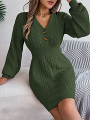 Buttoned Cable-Knit V-Neck Sweater Dress - Flyclothing LLC