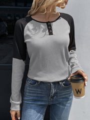 Contrast Buttoned Round Neck Raglan Sleeve Top - Flyclothing LLC