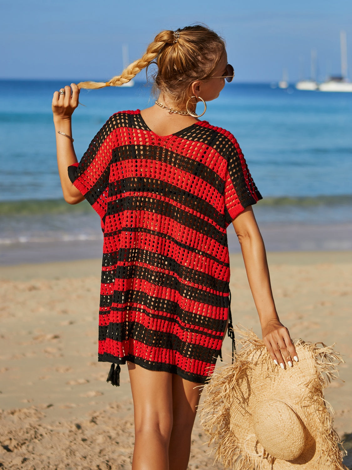 Tassel Openwork Striped V-Neck Cover Up - Flyclothing LLC