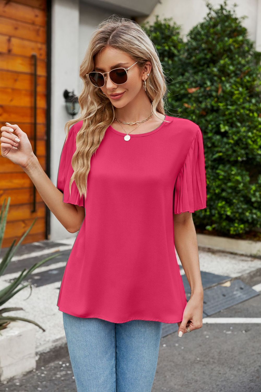 Pleated Flutter Sleeve Round Neck Blouse - Flyclothing LLC