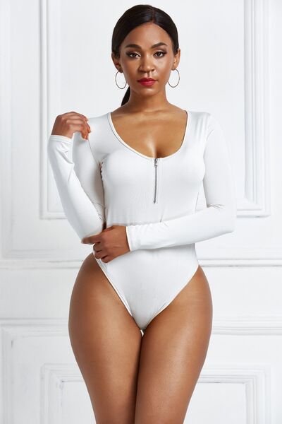 Half Zip Scoop Neck Long Sleeve Bodysuit - Flyclothing LLC