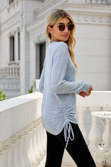 Heathered Drawstring V-Neck Top - Trendsi