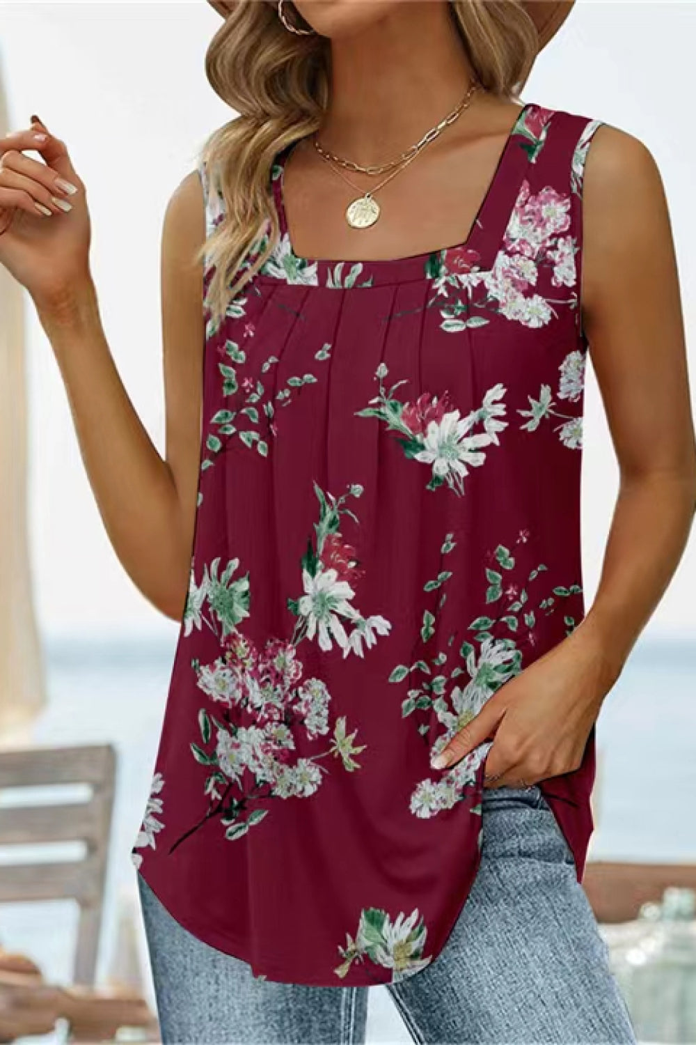 Printed Square Neck Curved Hem Tank - Flyclothing LLC