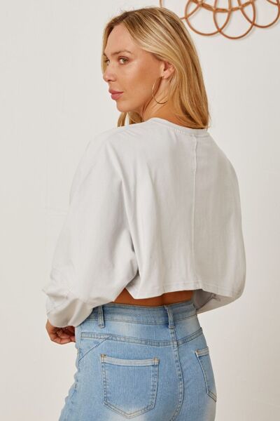 Round Neck Dropped Shoulder Cropped Sweatshirt - Flyclothing LLC