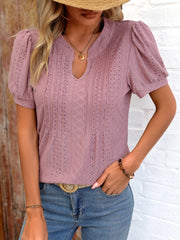 Eyelet Notched Puff Sleeve T-Shirt - Flyclothing LLC