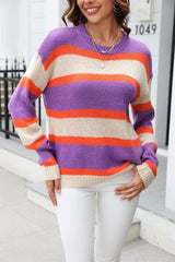 Color Block Round Neck Dropped Shoulder Sweater - Trendsi