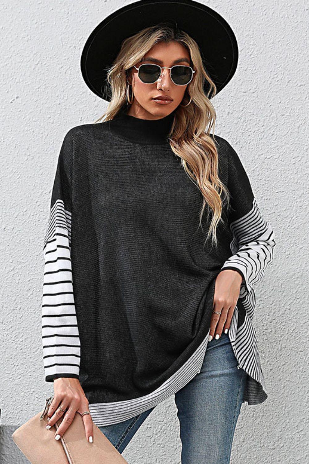 Striped Dolman Sleeve Mock Neck Knit Pullover - Flyclothing LLC