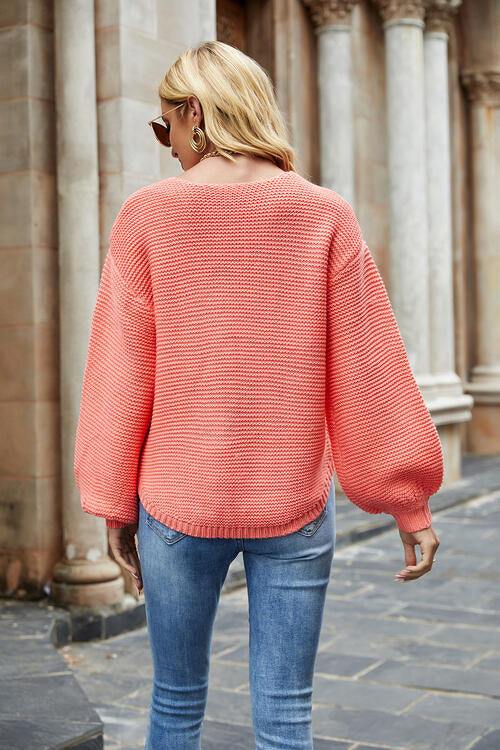 Round Neck Lantern Sleeve Sweater - Flyclothing LLC