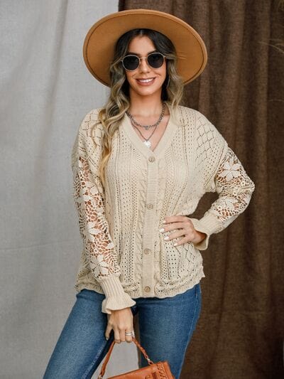 Eyelet Button Up Lantern Sleeve Cardigan - Trendsi