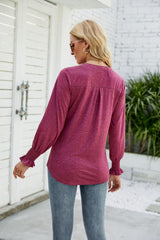 Heathered Flounce Sleeve Curved Hem Top - Trendsi