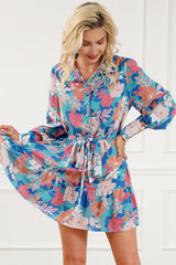 Floral Tie Waist Lantern Sleeve Ruffled Hem Mini Dress - Flyclothing LLC