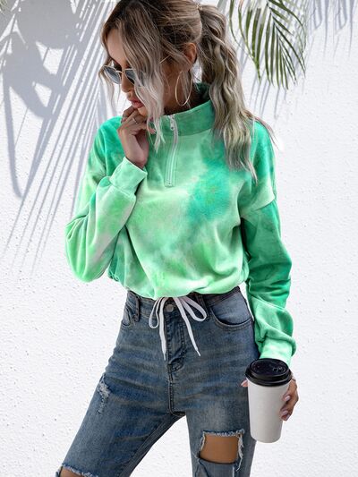 Tie-Dye Quarter Zip Dropped Shoulder Sweatshirt - Flyclothing LLC