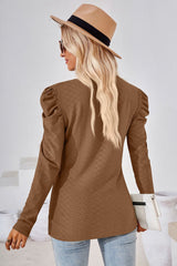 Round Neck Puff Sleeve Blouse - Flyclothing LLC