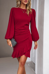 Ruched Ruffled Balloon Sleeve Mini Dress - Flyclothing LLC