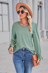 Lace Trim V-Neck Flounce Sleeve Top - Trendsi