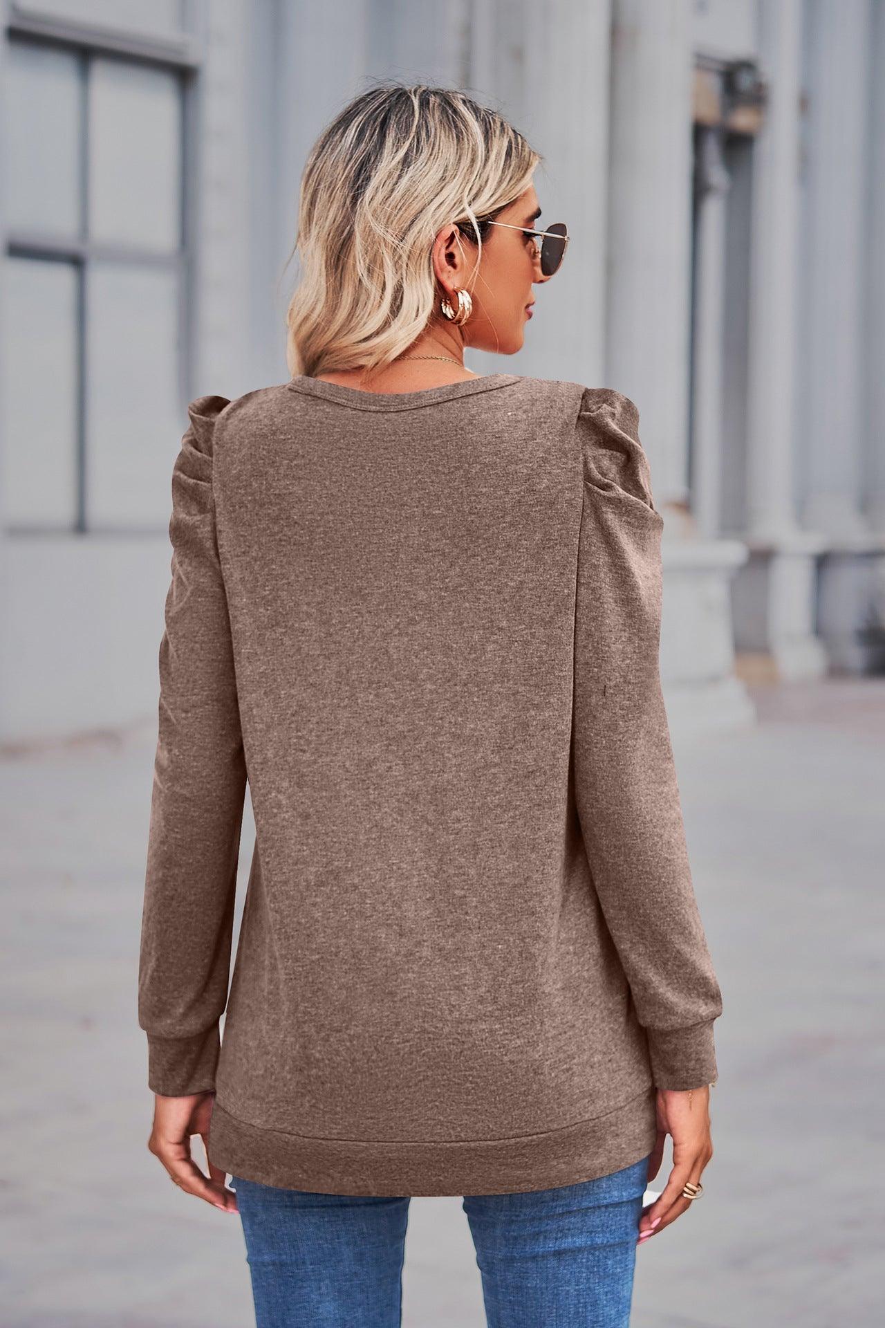 Heathered Puff Sleeve Round Neck Tunic Top - Trendsi