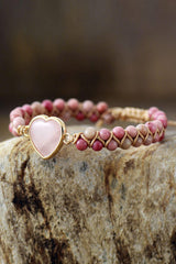 Rose Quartz Heart Beaded Bracelet - Trendsi