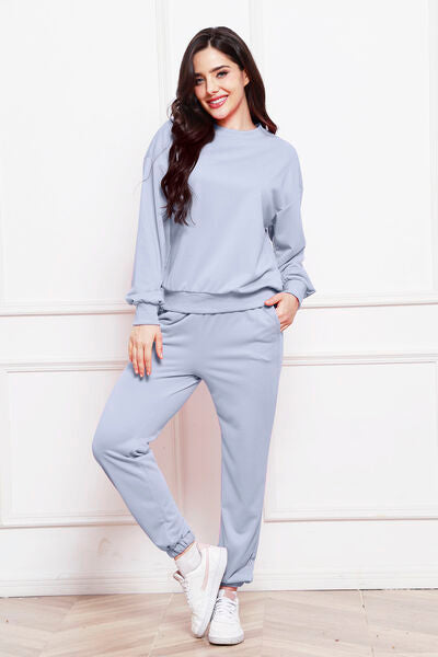 Round Neck Long Sleeve Sweatshirt and Pants Set - Flyclothing LLC