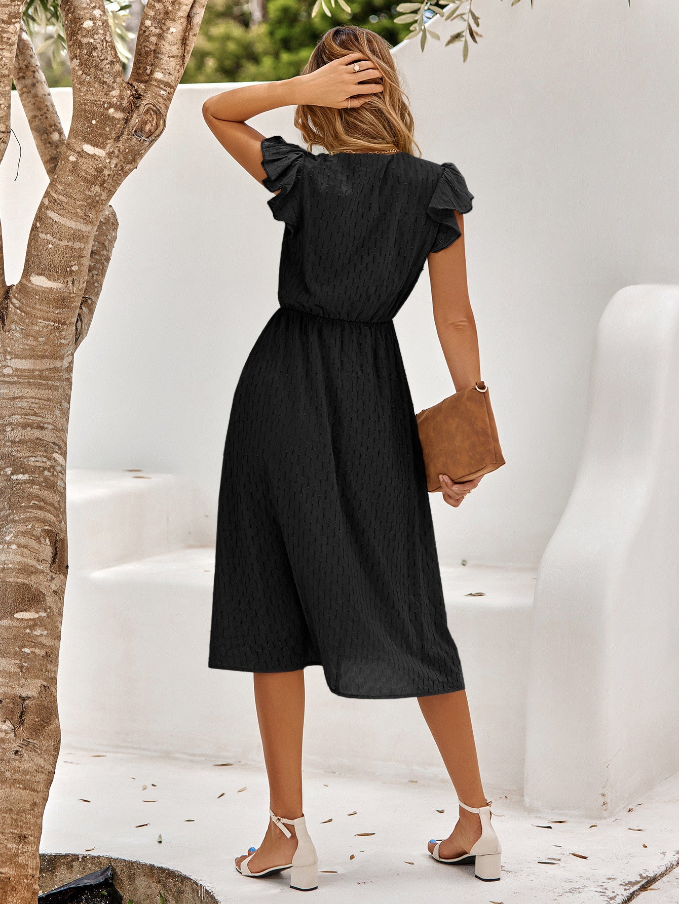 V-Neck Flutter Sleeve Midi Dress - Flyclothing LLC