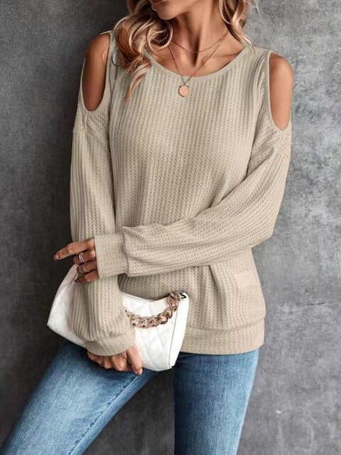 Round Neck Cold-Shoulder Waffle-Knit Top - Trendsi