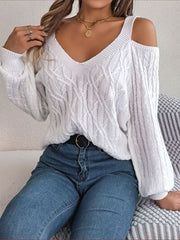 Cable-Knit Cold Shoulder Long Sleeve Sweater - Flyclothing LLC